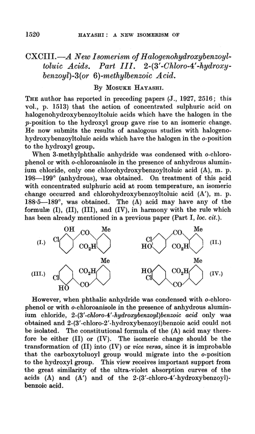 CXCIII.—A new isomerism of halogenohydroxybenzoyltoluic acids. Part III. 2-(3′-Chloro-4′-hydroxybenzoyl)-3(or 6)-methylbenzoic acid