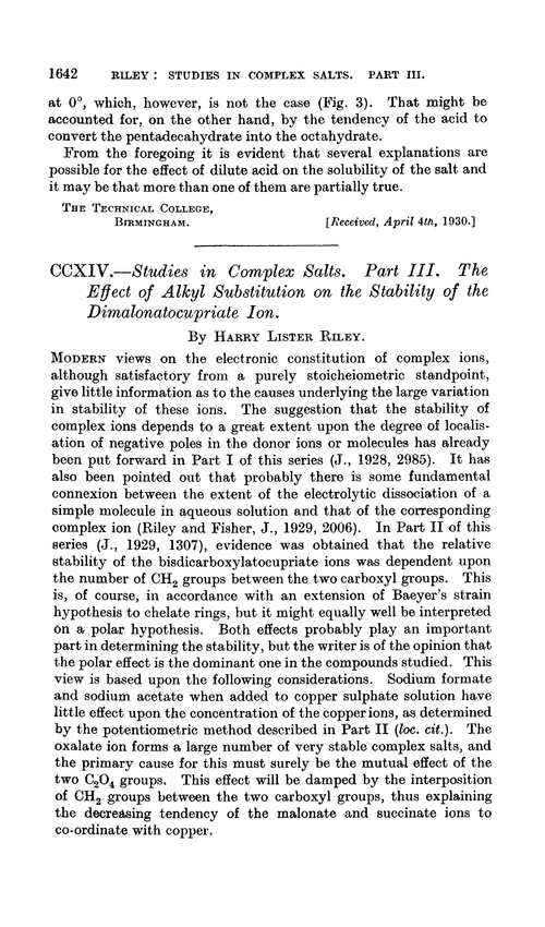 CCXIV.—Studies in complex salts. Part III. The effect of alkyl substitution on the stability of the dimalonatocupriate ion