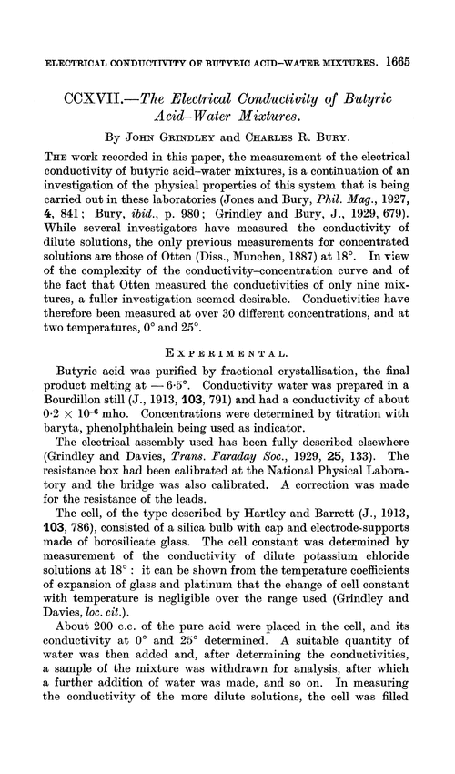 CCXVII.—The electrical conductivity of butyric acid–water mixtures