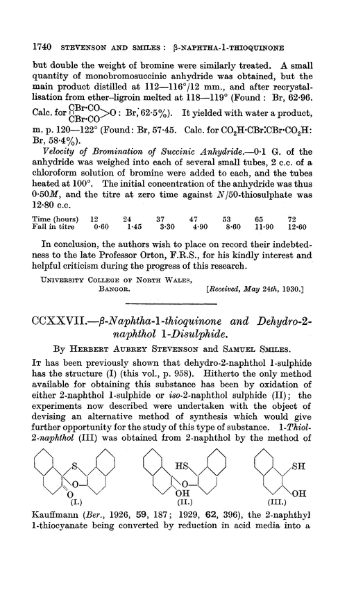 CCXXVII.—β-Naphtha-1-thioquinone and dehydro-2-naphthol 1-disulphide