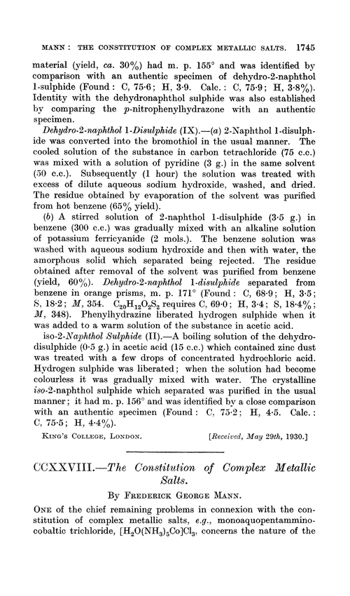 CCXXVIII.—The constitution of complex metallic salts