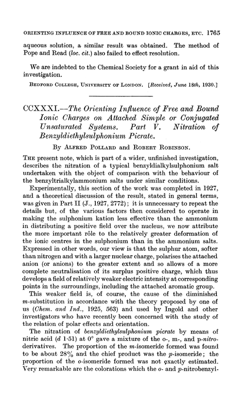 CCXXXI.—The orienting influence of free and bound ionic charges on attached simple or conjugated unsaturated systems. Part V. Nitration of benzyldiethylsulphonium picrate