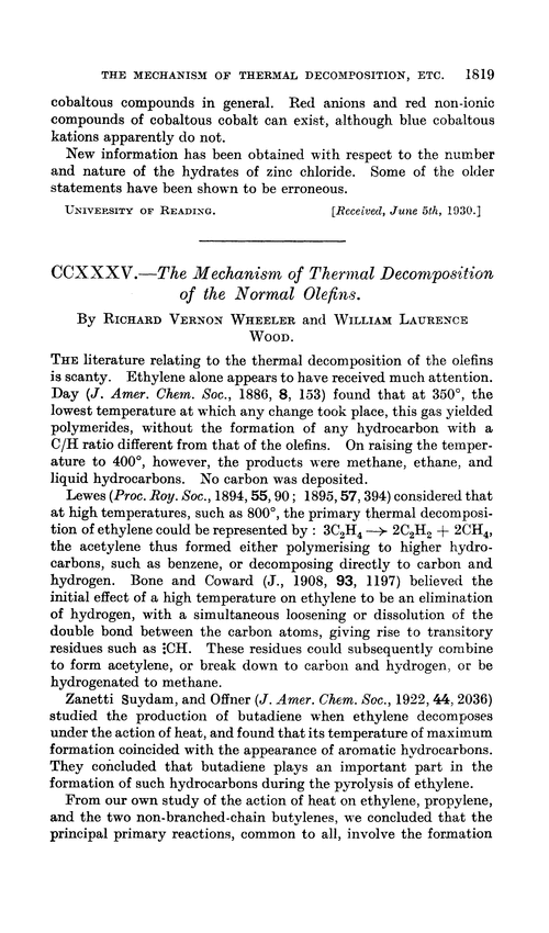 CCXXXV.—The mechanism of thermal decomposition of the normal olefins