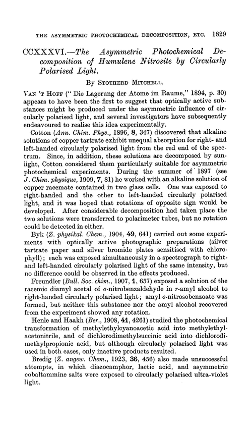 CCXXXVI.—The asymmetric photochemical decomposition of humulene nitrosite by circularly polarised light