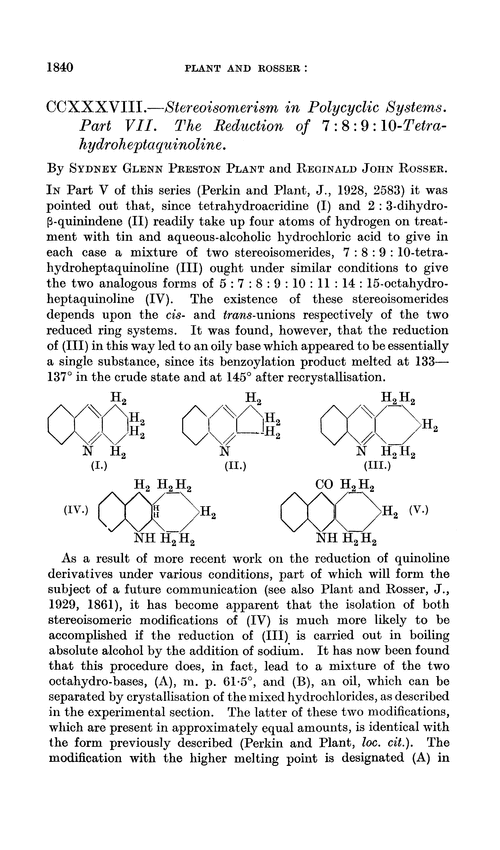 CCXXXVIII.—Stereoisomerism in polycyclic systems. Part VII. The reduction of 7 : 8 : 9 : 10-tetrahydroheptaquinoline