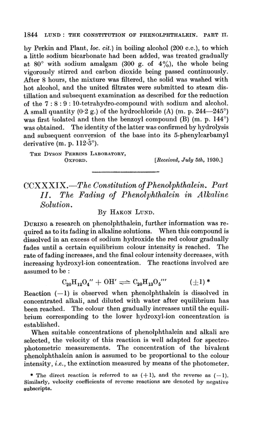 CCXXXIX.—The constitution of phenolphthalein. Part II. The fading of phenolphthalein in alkaline solution