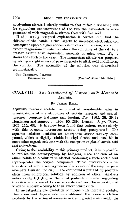 CCXLVIII.—The treatment of cedrene with mercuric acetate