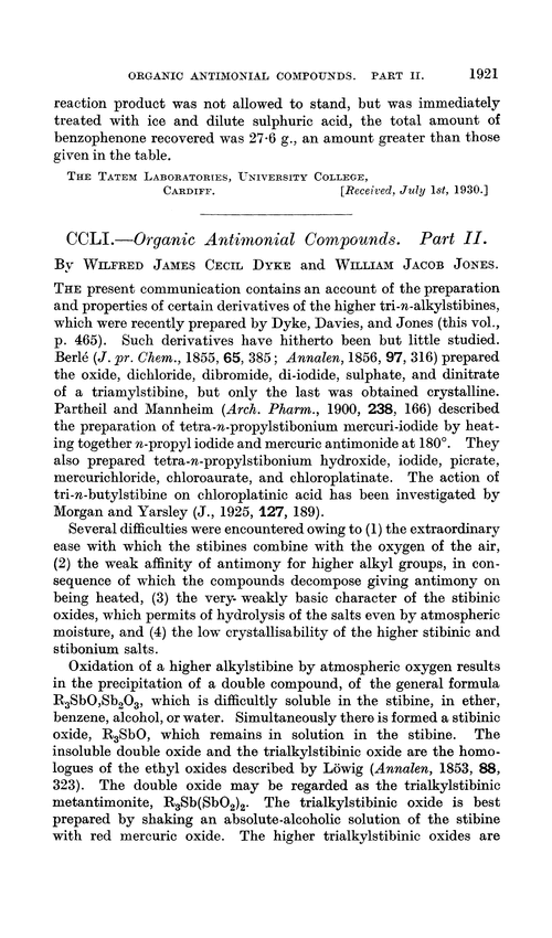 CCLI.—Organic antimonial compounds. Part II