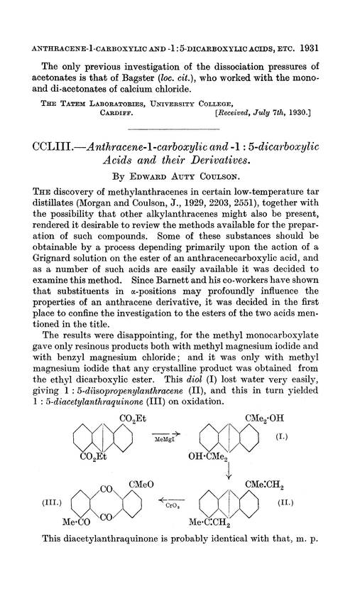 CCLIII.—Anthracene-1-carboxylic and -1 : 5-dicarboxylic acids and their derivatives