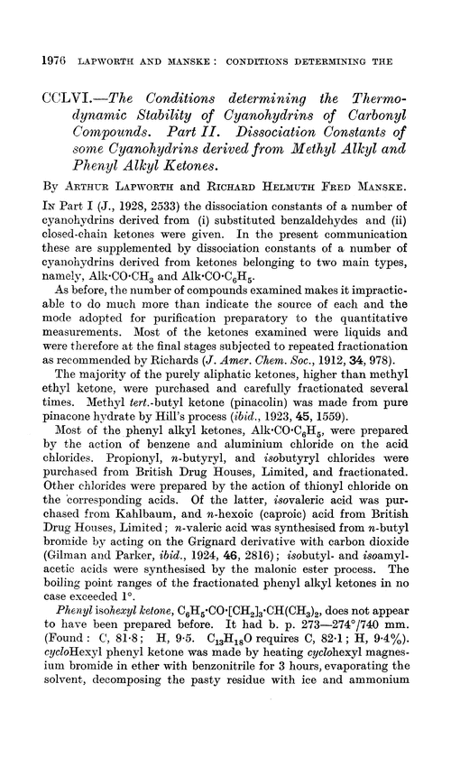 CCLVI.—The conditions determining the thermodynamic stability of cyanohydrins of carbonyl compounds. Part II. Dissociation constants of some cyanohydrins derived from methyl alkyl and phenyl alkyl ketones