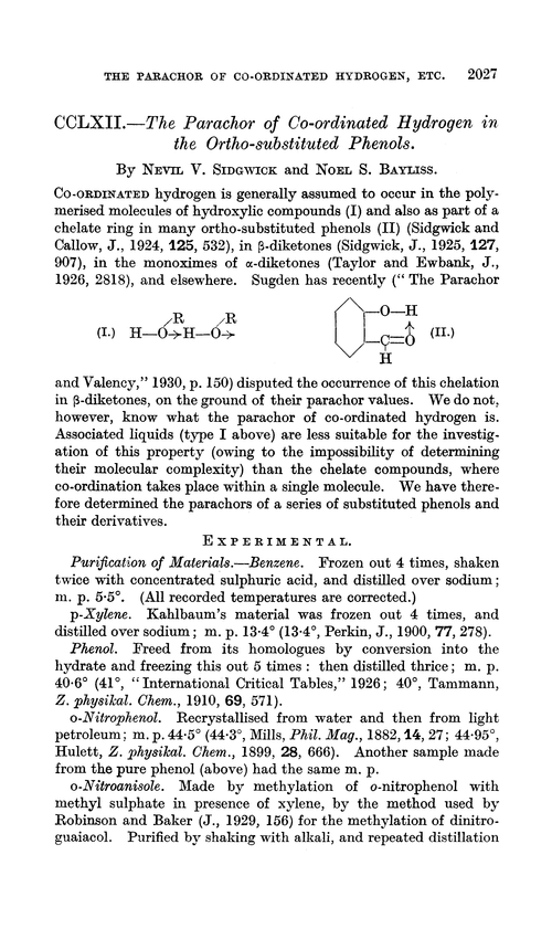 CCLXII.—The parachor of co-ordinated hydrogen in the ortho-substituted phenols