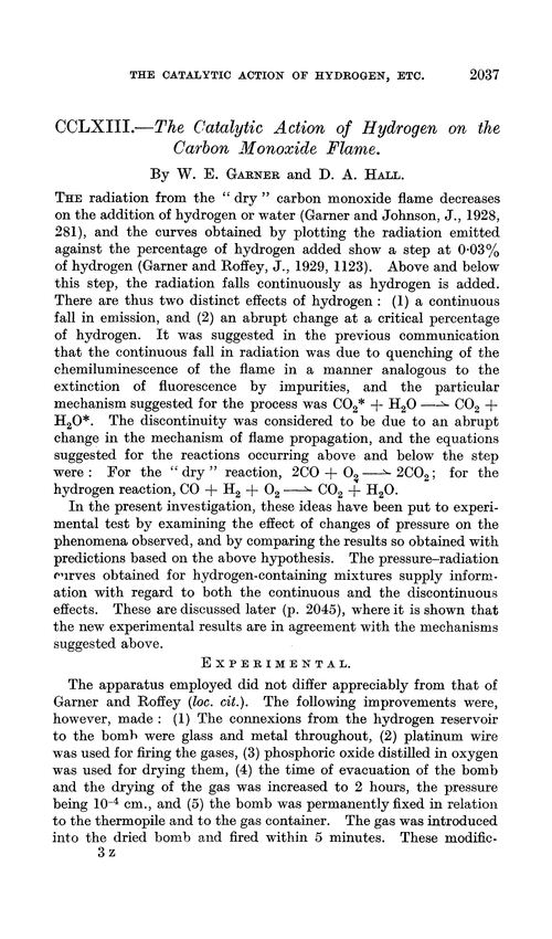 CCLXIII.—The catalytic action of hydrogen on the carbon monoxide flame