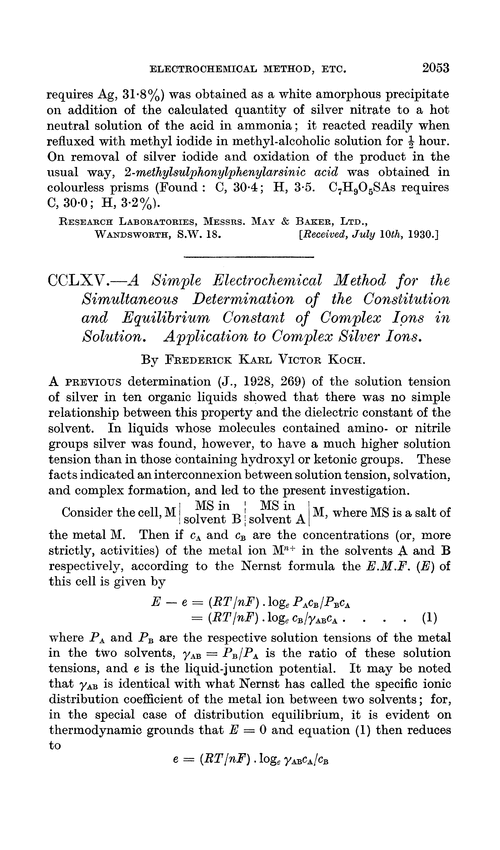 CCLXV.—A simple electrochemical method for the simultaneous determination of the constitution and equilibrium constant of complex ions in solution. Application to complex silver ions