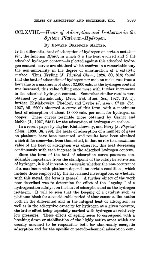 CCLXVIII.—Heats of adsorption and isotherms in the system platinum–hydrogen