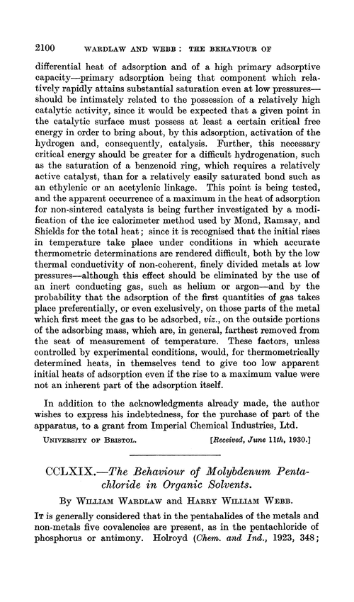CCLXIX.—The behaviour of molybdenum pentachloride in organic solvents