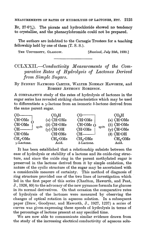 CCLXXII.—Conductivity measurements of the comparative rates of hydrolysis of lactones derived from simple sugars