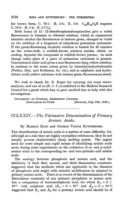 CCLXXIV.—The titrimetric determination of primary arsinic acids