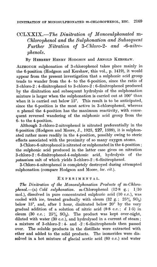 CCLXXIX.—The dinitration of monosulphonated m-chlorophenol and the sulphonation and subsequent further nitration of 3-chloro-2- and -6-nitrophenols