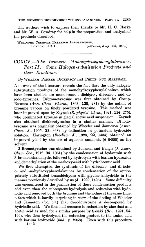 CCXCV.—The isomeric monohydroxyphenylalanines. Part II. Some halogen-substitution products and their reactions