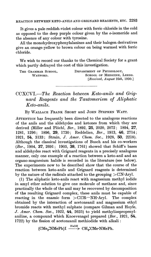 CCXCVI.—The reaction between keto-anils and Grignard reagents and the tautomerism of aliphatic keto-anils