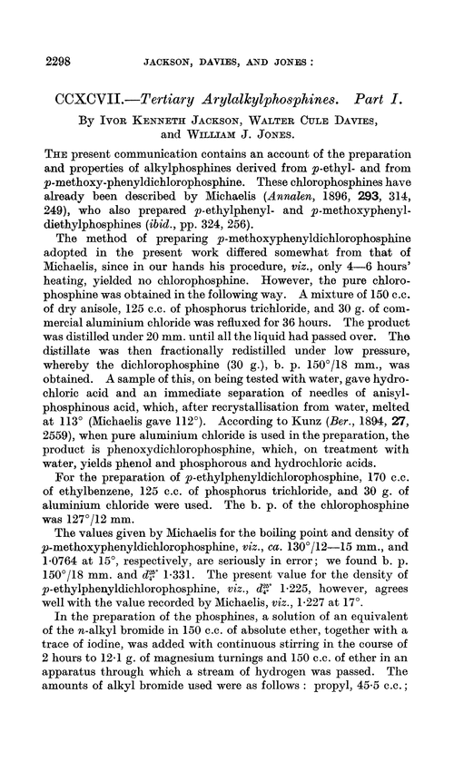 CCXCVII.—Tertiary arylalkylphosphines. Part I