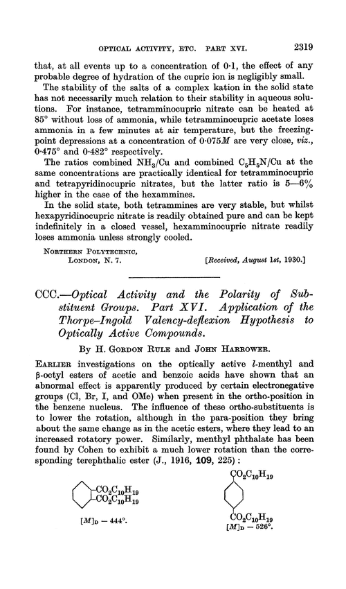 CCC.—Optical activity and the polarity of substituent groups. Part XVI. Application of the Thorpe–Ingold valency-deflexion hypothesis to optically active compounds