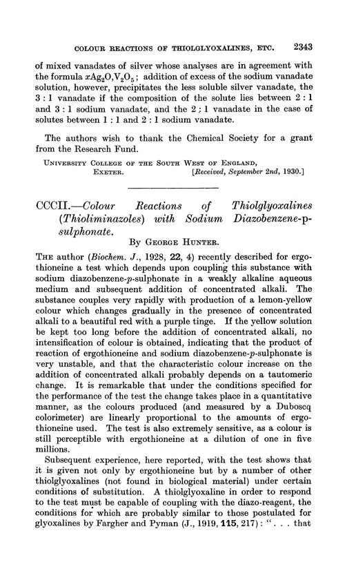 CCCII.—Colour reactions of thiolglyoxalines (thioliminazoles) with sodium diazobenzene-p-sulphonate