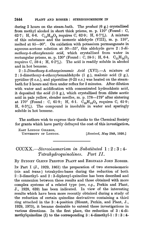 CCCXX.—Stereoisomerism in substituted 1 : 2 : 3 : 4-tetrahydroquinolines. Part II