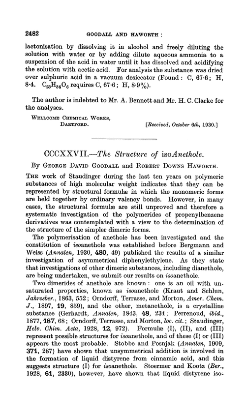 CCCXXVII.—The structure of isoanethole