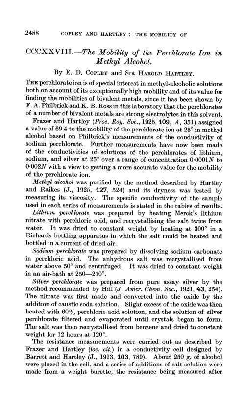 CCCXXVIII.—The mobility of the perchlorate ion in methyl alcohol