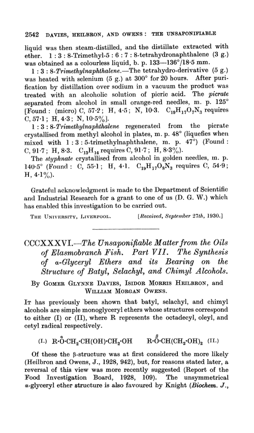 CCCXXXVI.—The unsaponifiable matter from the oils of elasmobranch fish. Part VII. The synthesis of α-glyceryl ethers and its bearing on the structure of batyl, selachyl, and chimyl alcohols