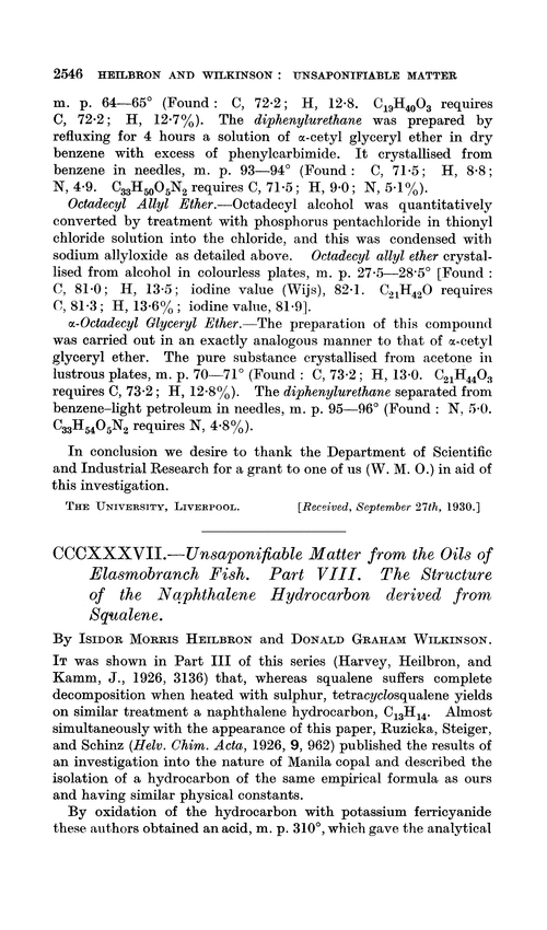 CCCXXXVII.—Unsaponifiable matter from the oils of elasmobranch fish. Part VIII. The structure of the naphthalene hydrocarbon derived from squalene