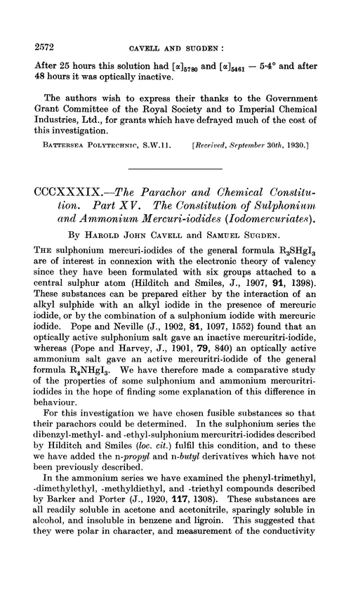 CCCXXXIX.—The parachor and chemical constitution. Part XV. The constitution of sulphonium and ammonium mercuri-iodides (iodomercuriates)