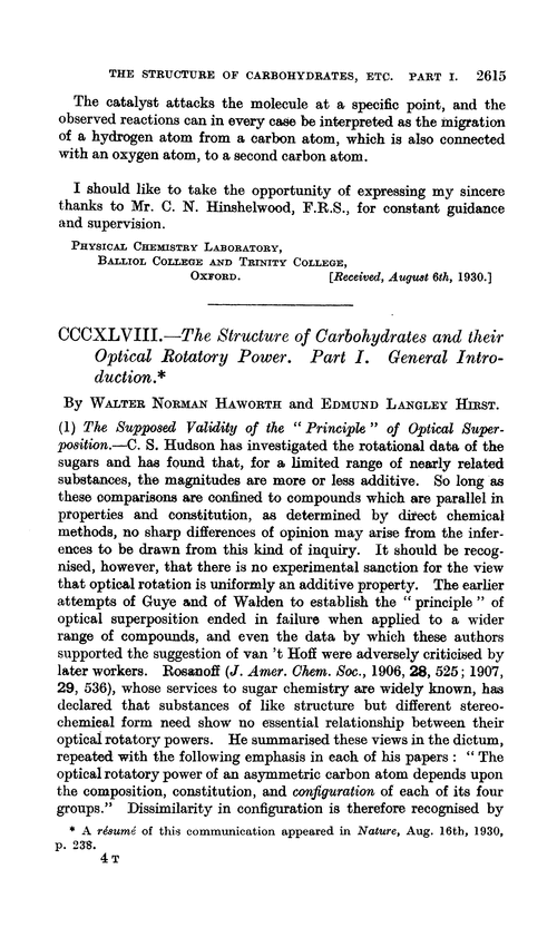 CCCXLVIII.—The structure of carbohydrates and their optical rotatory power. Part I. General introduction