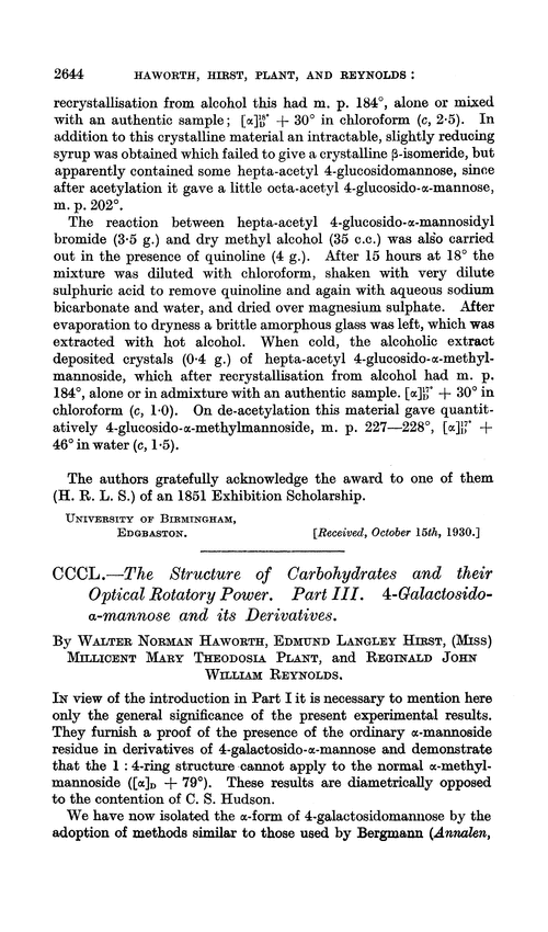 CCCL.—The structure of carbohydrates and their optical rotatory power. Part III. 4-Galactosido-α-mannose and its derivatives