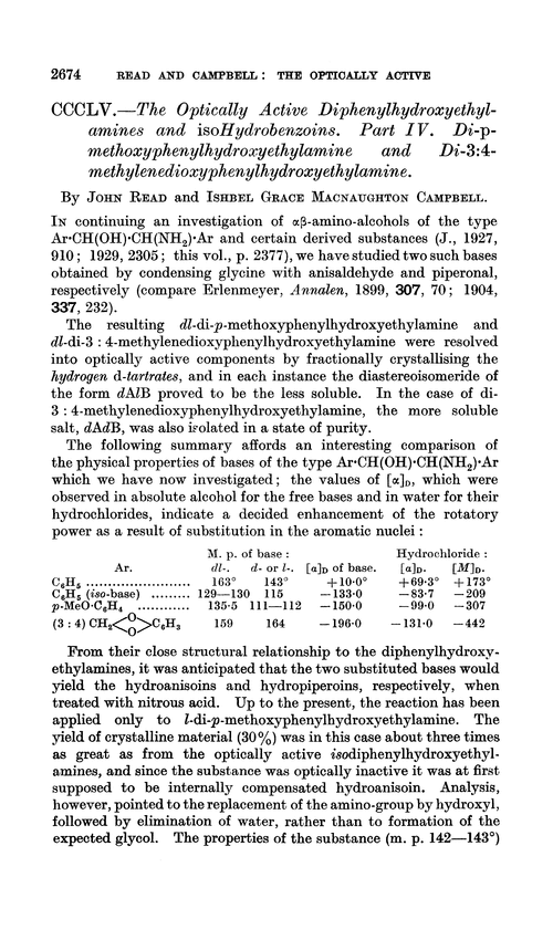 CCCLV.—The optically active diphenylhydroxyethylamines and isohydrobenzoins. Part IV. Di-p-methoxyphenylhydroxyethylamine and di-3:4-methylenedioxyphenylhydroxyethylamine