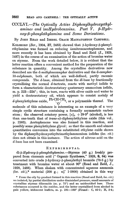 CCCLVI.—The optically active diphenylhydroxyethylamines and isohydrobenzoins. Part V. β-Hydroxy-β-phenylethylamine and some derivatives