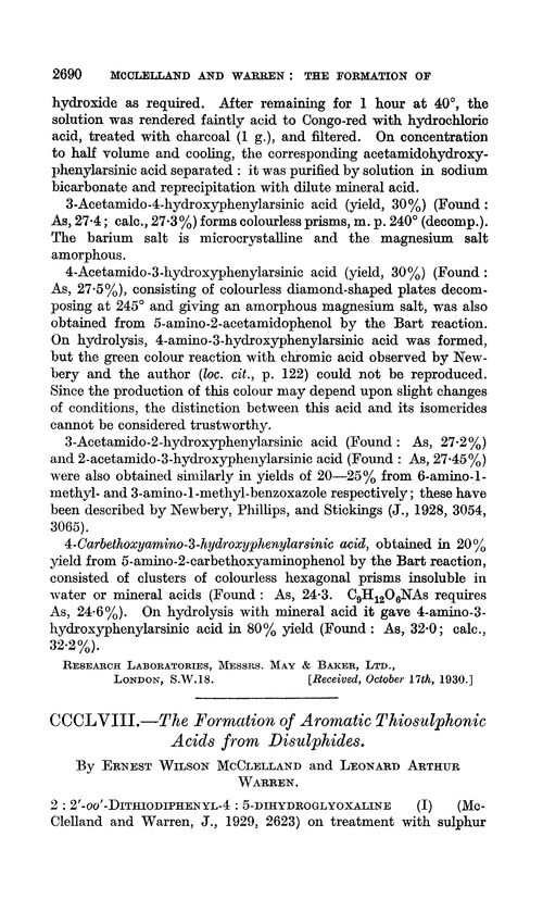 CCCLVIII.—The formation of aromatic thiosulphonic acids from disulphides