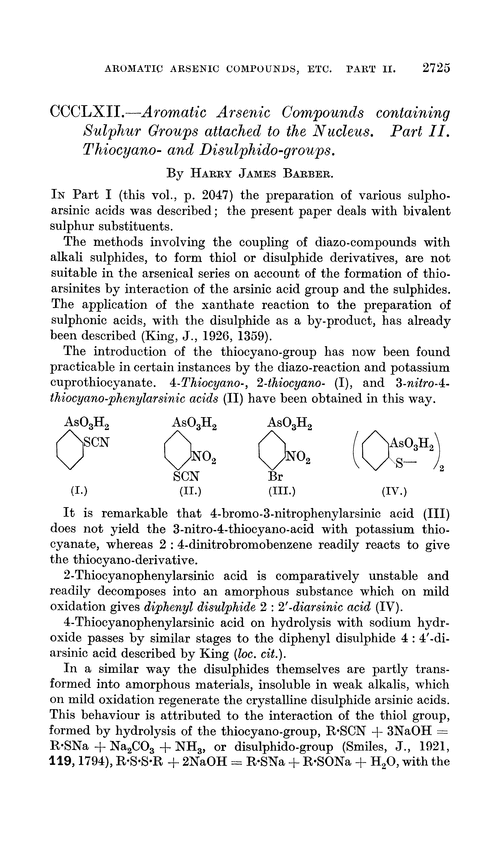 CCCLXII.—Aromatic arsenic compounds containing sulphur groups attached to the nucleus. Part II. Thiocyano- and disulphido-groups