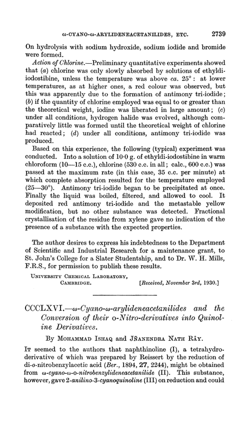 CCCLXVI.—ω-Cyano-ω-arylideneacetanilides and the conversion of their o-nitro-derivatives into quinoline derivatives