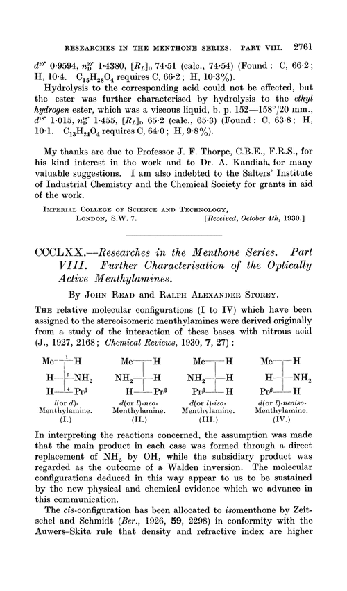 CCCLXX.—Researches in the menthone series. Part VIII. Further characterisation of the optically active menthylamines