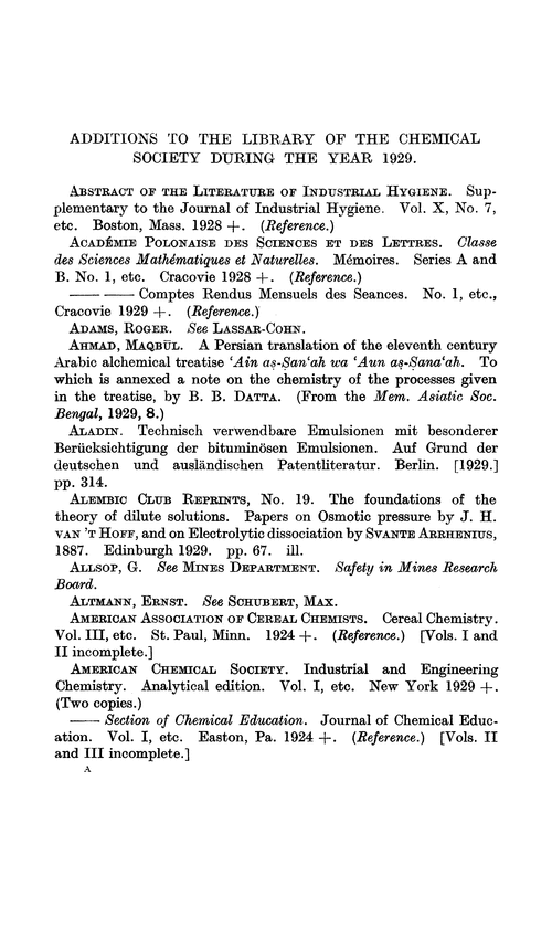 Additions to the Library of the Chemical Society during the year 1929