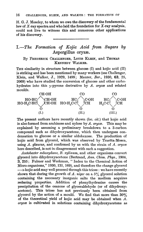 I.—The formation of kojic acid from sugars by Aspergillus oryzæ