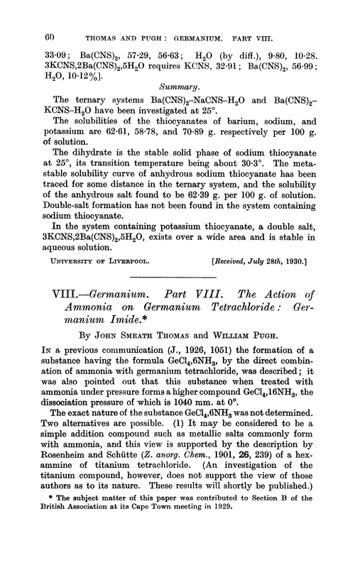 VIII.—Germanium. Part VIII. The action of ammonia on germanium tetrachloride: germanium imide