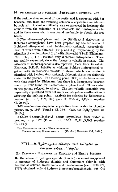 XIII.—2-Hydroxy-4-methoxy- and 4-hydroxy-2-methoxy-benzaldehydes