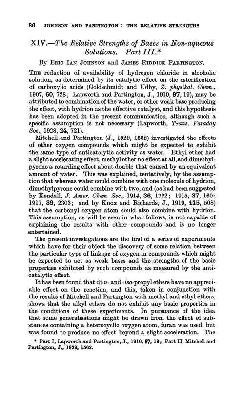 XIV.—The relative strengths of bases in non-aqueous solutions. Part III