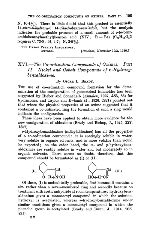 XVI.—The co-ordination compounds of oximes. Part II. Nickel and cobalt compounds of o-hydroxybenzaldoxime