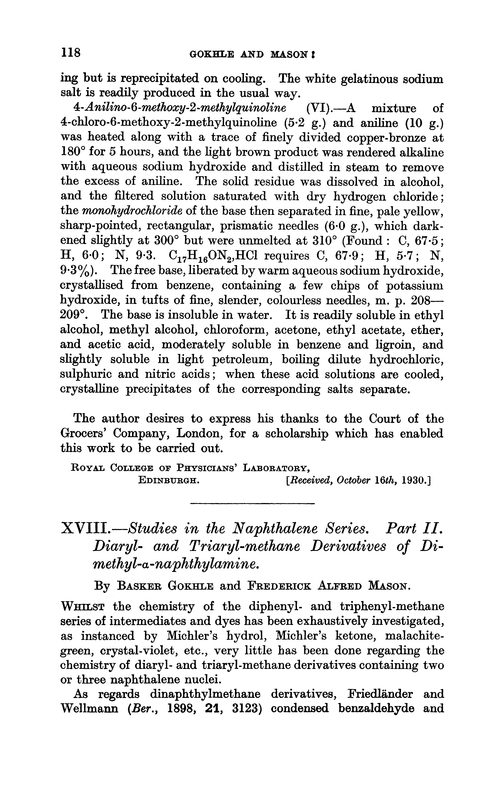 XVIII.—Studies in the naphthalene series. Part II. Diaryl- and triaryl-methane derivatives of methyl-α-naphthylamine