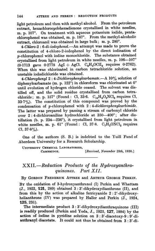 XXII.—Reduction products of the hydroxyanthraquinones. Part XII