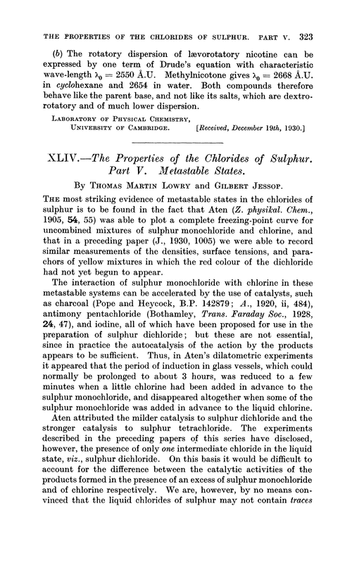 XLIV.—The properties of the chlorides of sulphur. Part V. Metastable states